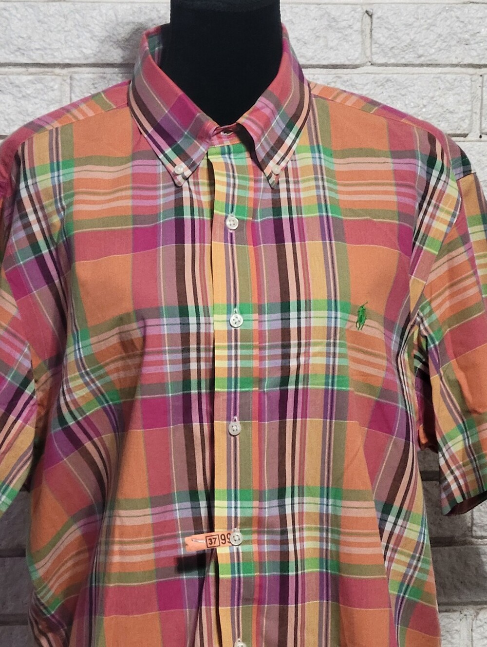 Polo Ralph Lauren XL/TG Mens check shirt cotton orange green purple, Lime Pony